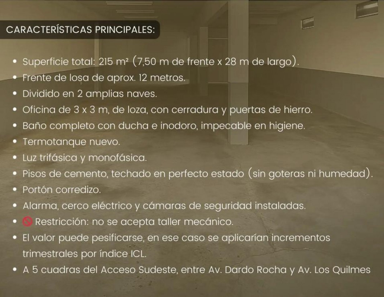 AM. Excelente galpon en alquiler en Bernal Oeste 